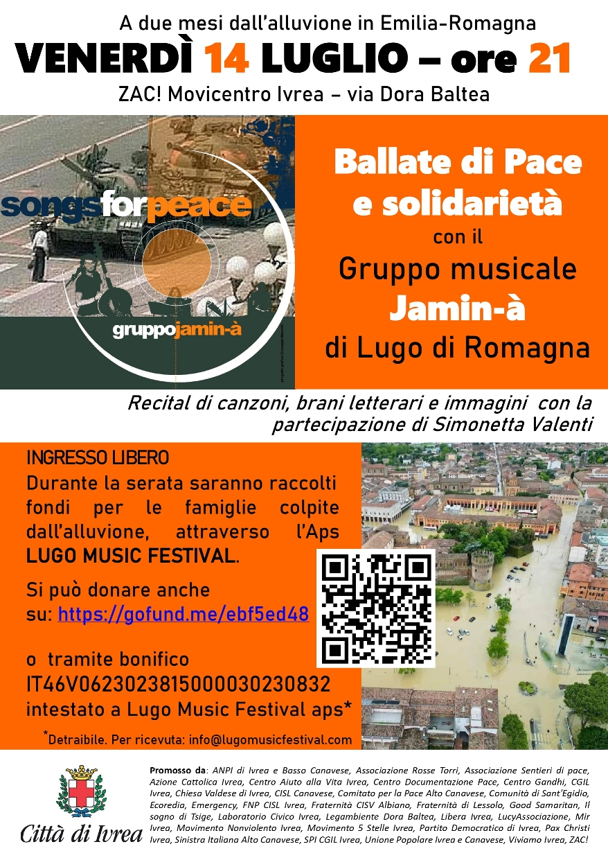 Allo ZAC! di Ivrea 14 luglio: Recital “Ballate di pace e solidarietà” per alluvionati della Romagna