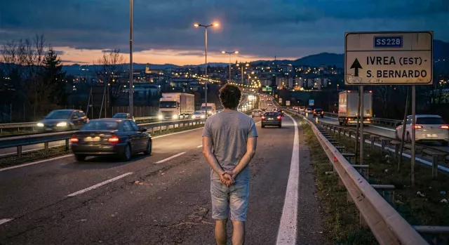 pedone che cammina in certo strada in tangenziale
